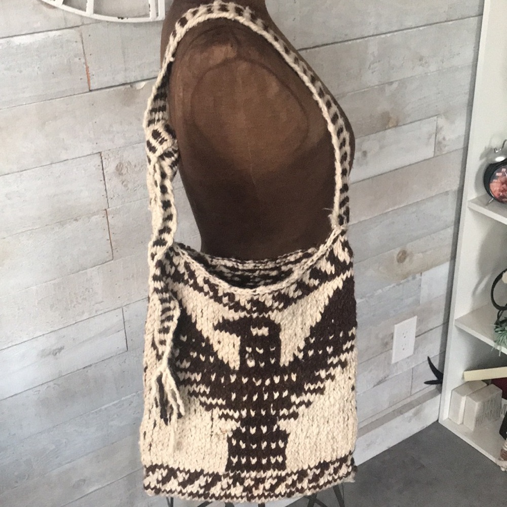 Handcrafted Boho Brown and Cream Knit Thunderbird Shoulder Bag - Picture 2 of 6